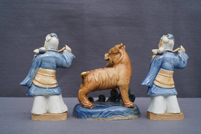 Three Chinese blue and white biscuit figures, Qianlong