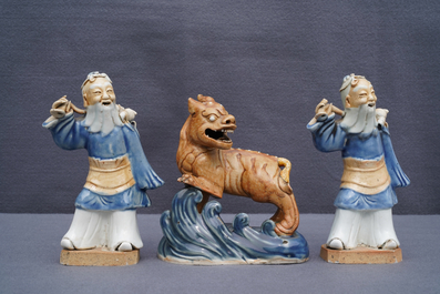 Three Chinese blue and white biscuit figures, Qianlong