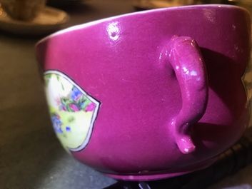A Chinese famille rose ruby-ground two-handled bowl and cover, Yongzheng