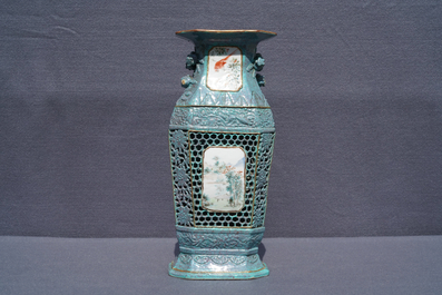 A Chinese reticulated robin's egg-ground qianjiang cai vase, 19th C.