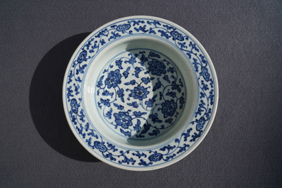 A Chinese blue and white flower scroll basin, Qianlong