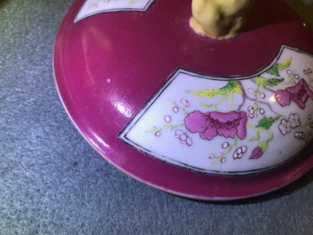 A Chinese famille rose ruby-ground two-handled bowl and cover, Yongzheng