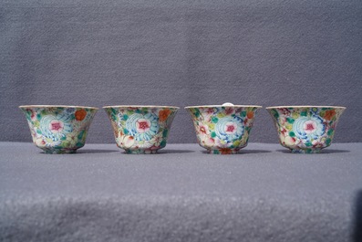 Five sets of Chinese famille rose cups and saucers and a pair of cups with horses, 19/20th C.