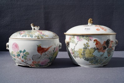 Two Chinese qianjiang cai covered bowls with birds, 19/20th C.