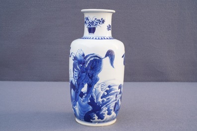 A Chinese blue and white rouleau vase with qilins, Kangxi