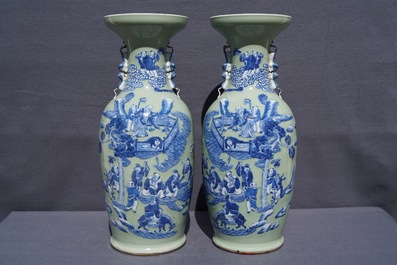 A pair of Chinese blue and white on celadon ground 'immortals' vases, 19th C.
