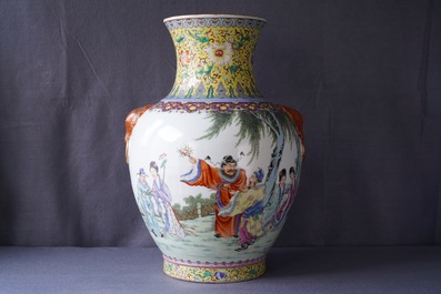 A large Chinese famille rose vase with figures in a landscape, Qianlong mark, 20th C.