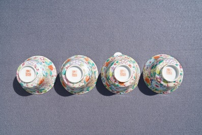 Five sets of Chinese famille rose cups and saucers and a pair of cups with horses, 19/20th C.