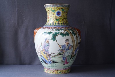 A large Chinese famille rose vase with figures in a landscape, Qianlong mark, 20th C.