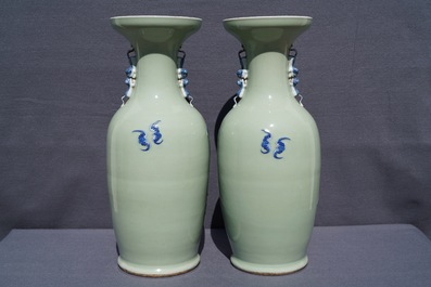 A pair of Chinese blue and white on celadon ground 'immortals' vases, 19th C.