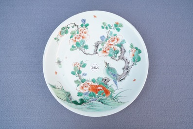 A Chinese famille verte dish with a bird among blossoms, Kangxi