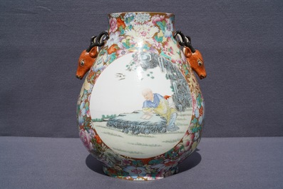 A Chinese famille rose 'millefleurs' hu vase, Qianlong mark, 20th C.