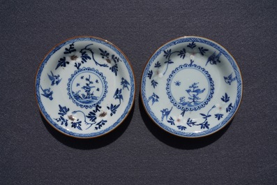 A pair of Chinese blue, white and underglaze red cups and saucers, Kangxi
