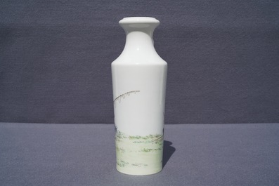 A Chinese famille rose rouleau vase with fishermen, Qianlong mark, Republic, 20th C.