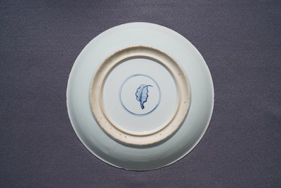 A Chinese blue and white 'Master of the Rock' dish and a famille verte dish, Kangxi