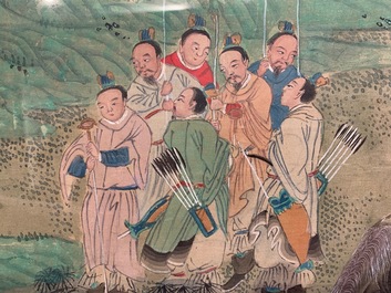 Three Chinese paintings on textile: 'River scenes', 18/19th C.