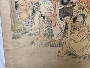 Shen Zhaohan (Xinhai) (China, 1855 - 1941): Buddha with children, ink and color on paper, mounted on scroll