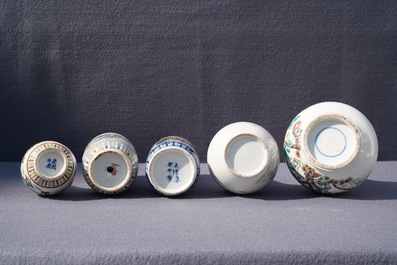 Five Chinese famille rose and verte vases, 19th C.