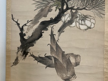Zhao Zhiqian (Chine, 1829&ndash;1884): 'Les trois amis de l&acute;hiver', encre et couleurs sur papier, mont&eacute; en rouleau