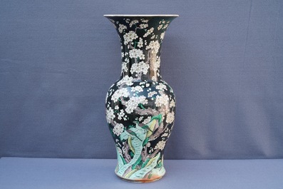 Two tall Chinese famille noire yenyen vases, Chenghua and Kangxi mark, 19/20th C.