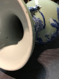 A pair of Chinese blue and white on celadon ground 'immortals' vases, 19th C.