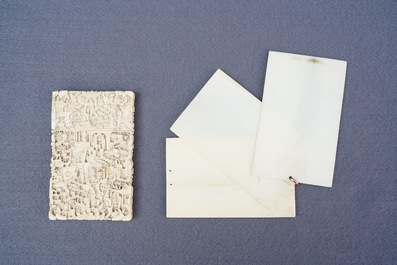 A Chinese carved ivory casket, a cardholder and a notebook, Canton, 19th C.