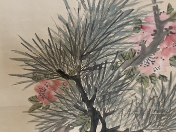 Zhao Zhiqian (Chine, 1829&ndash;1884): 'Les trois amis de l&acute;hiver', encre et couleurs sur papier, mont&eacute; en rouleau