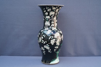 Two tall Chinese famille noire yenyen vases, Chenghua and Kangxi mark, 19/20th C.