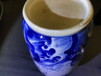 A Chinese blue and white rouleau vase with qilins, Kangxi