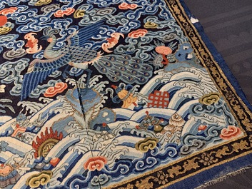 A Chinese kesi silk 'peacock' rank badge for a 3rd rank Mandarin, 19th C.