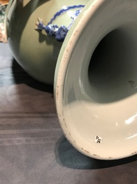A pair of Chinese blue and white on celadon ground 'immortals' vases, 19th C.