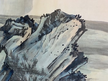 Four Chinese scroll paintings forming a large landscape, 20th C.
