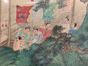 Three Chinese paintings on textile: 'River scenes', 18/19th C.