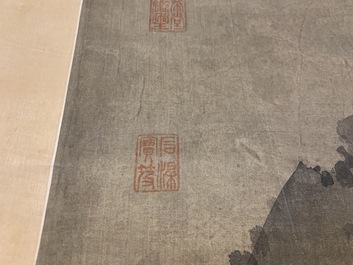 Chinese school, Qing, after Wang Fu (1362-1416): Figures in a landscape, ink and color on silk, mounted on scroll