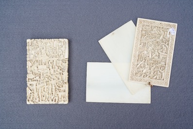 A Chinese carved ivory casket, a cardholder and a notebook, Canton, 19th C.
