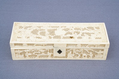 A Chinese carved ivory casket, a cardholder and a notebook, Canton, 19th C.