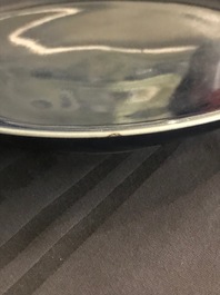 A Chinese monochrome sacrificial blue anhua 'dragon' dish, Wanli mark, 18/19th C.