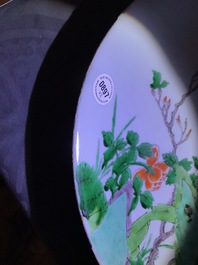 A Chinese blue and white 'Master of the Rock' dish and a famille verte dish, Kangxi