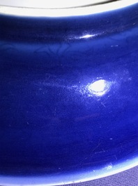 A Chinese monochrome sacrificial blue anhua 'dragon' dish, Wanli mark, 18/19th C.