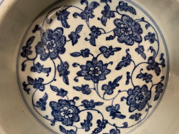A Chinese blue and white flower scroll basin, Qianlong