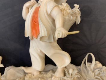 A polychrome Chinese ivory group with a shepherd, ca. 1940