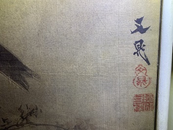 Tani Buncho (Japan, 1763-1841): Birds on a flower branch, ink and color on silk, framed