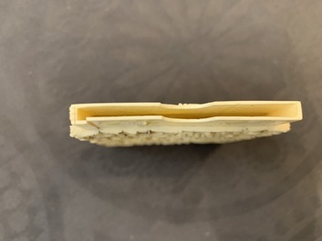 A Chinese carved ivory casket, a cardholder and a notebook, Canton, 19th C.