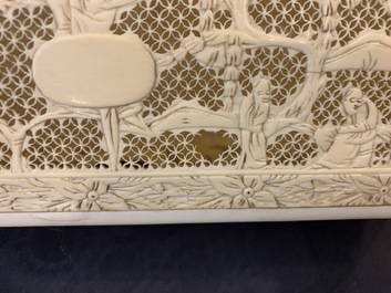 A Chinese carved ivory casket, a cardholder and a notebook, Canton, 19th C.