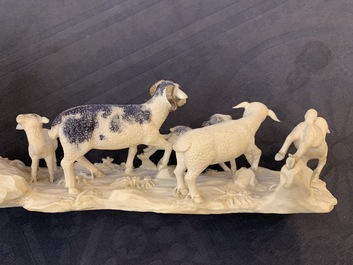 A polychrome Chinese ivory group with a shepherd, ca. 1940