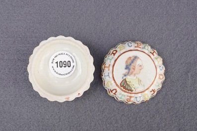 A Chinese famille rose box and cover after a Spanish coin, Jiaqing