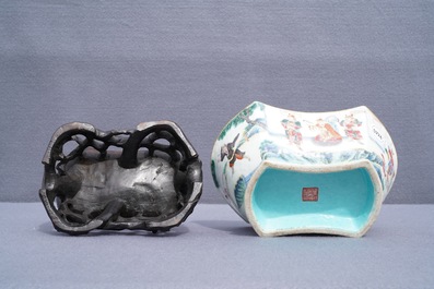A Chinese famille rose ingot-shaped bowl on stand, Tongzhi mark and of the period