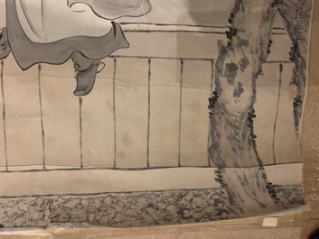 Gu Jianlong (Chine, 1606-1687): Figures dans un jardin, encre et couleurs sur papier, mont&eacute;