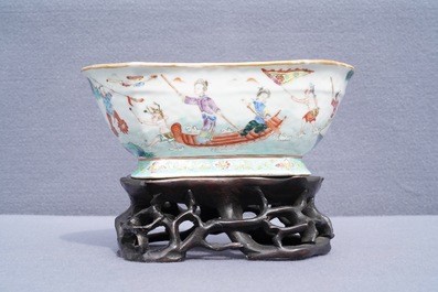 A Chinese famille rose ingot-shaped bowl on stand, Tongzhi mark and of the period