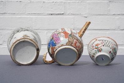 A Chinese grisaille vase, a famille rose 'mandarin' teapot and a reticulated cup on saucer, Yongzheng/Qianlong